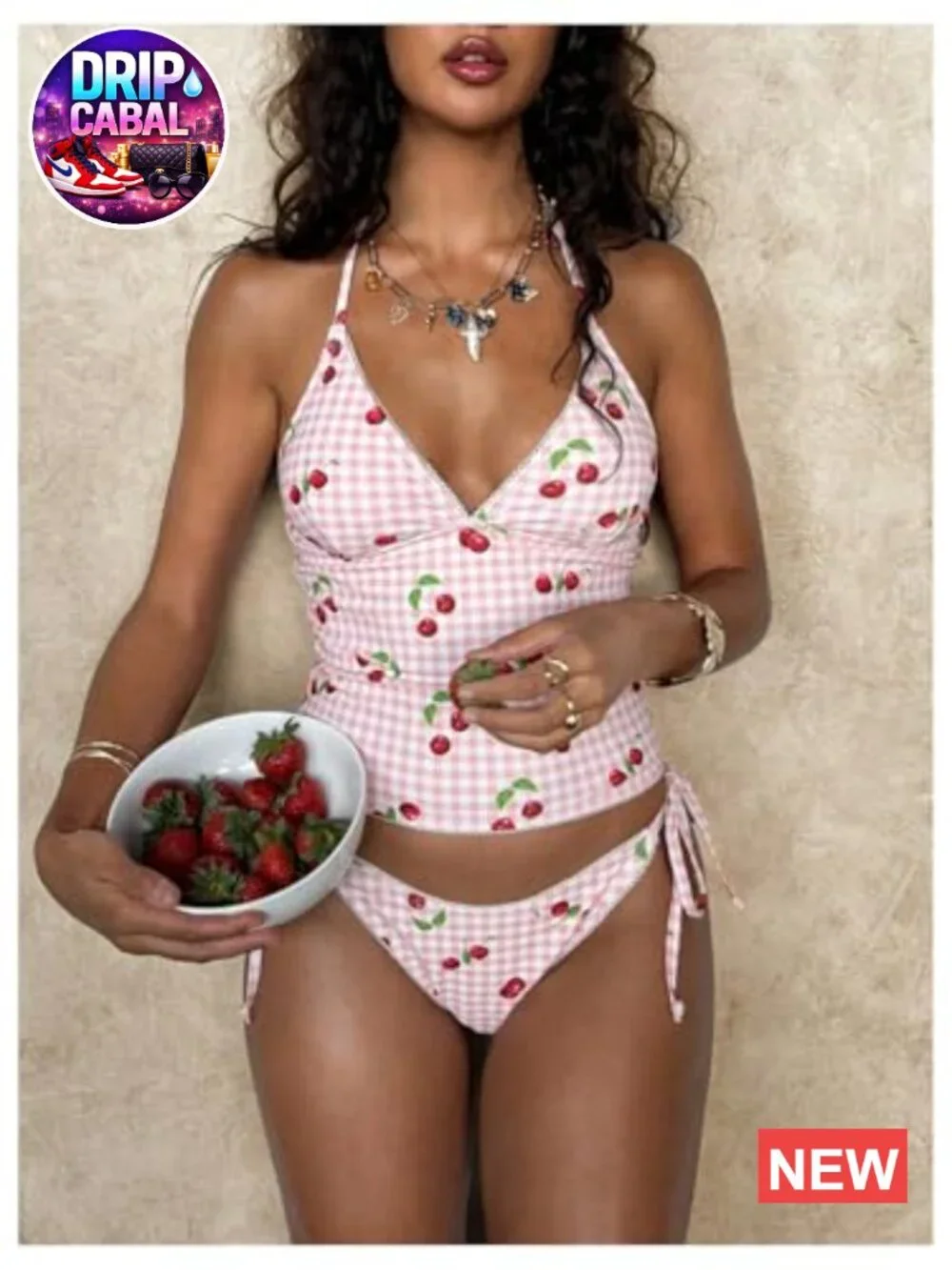 Gingham Bow Halter Neck High Waisted Tankini Swimwear Set